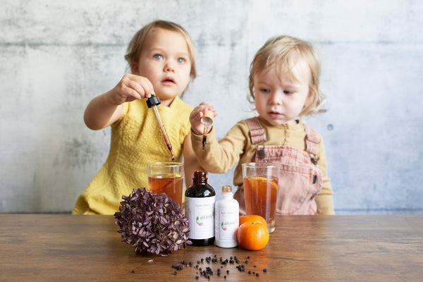 2 toddlers drinking Ruby Nourishing Herbal Tea and putting Organic Elderberry Syrup into it. Immune supportive drinks for kids. Tasty, organic and versatile. Herbalist formulated.
