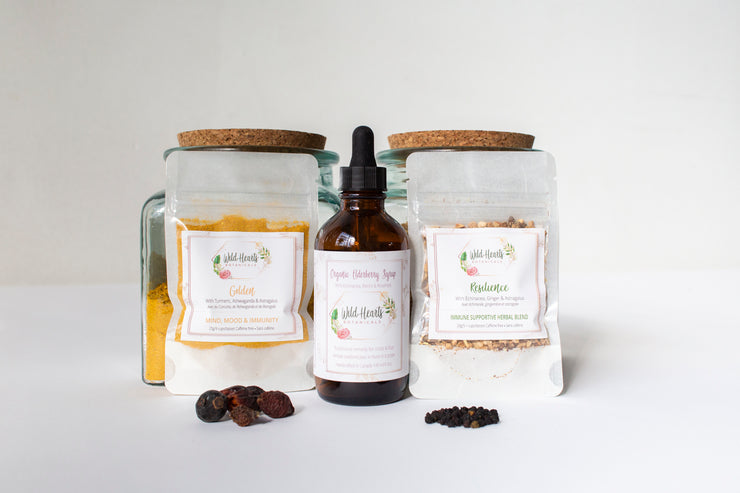 Botanical Immune Box, 3 herbal products; Golden Turmeric Tonic, Organic Elderberry Syrup, Resilience Immune Supportive Tea 