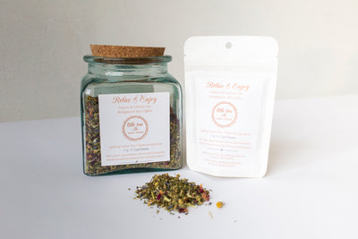 Relax & Enjoy Herbal Tea, nervine tea, de-stress tea, floral tea, organic loose leaf tea, compostable tea bag