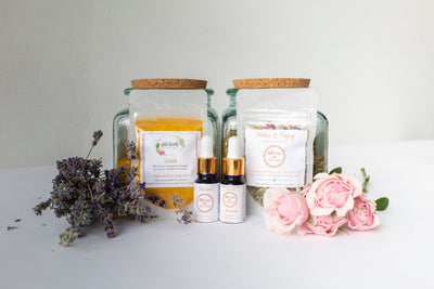The Gratitude Gift Box, 4 products, natural skincare & wellness teas; Golden Turmeric Tonic, Relax & Enjoy Herbal Tea, Arnica Massage Oil, Revive Botanical Face Serum